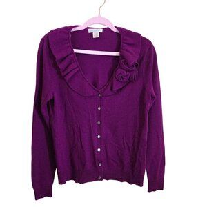 Kenar Vintage Stunning Plum Merino Wool Ruffle Collar Rosette Cardigan Sweater S